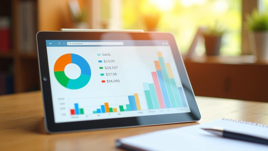 Colorful pie chart and bar graphs showing expense distribution across different spending categories on tablet