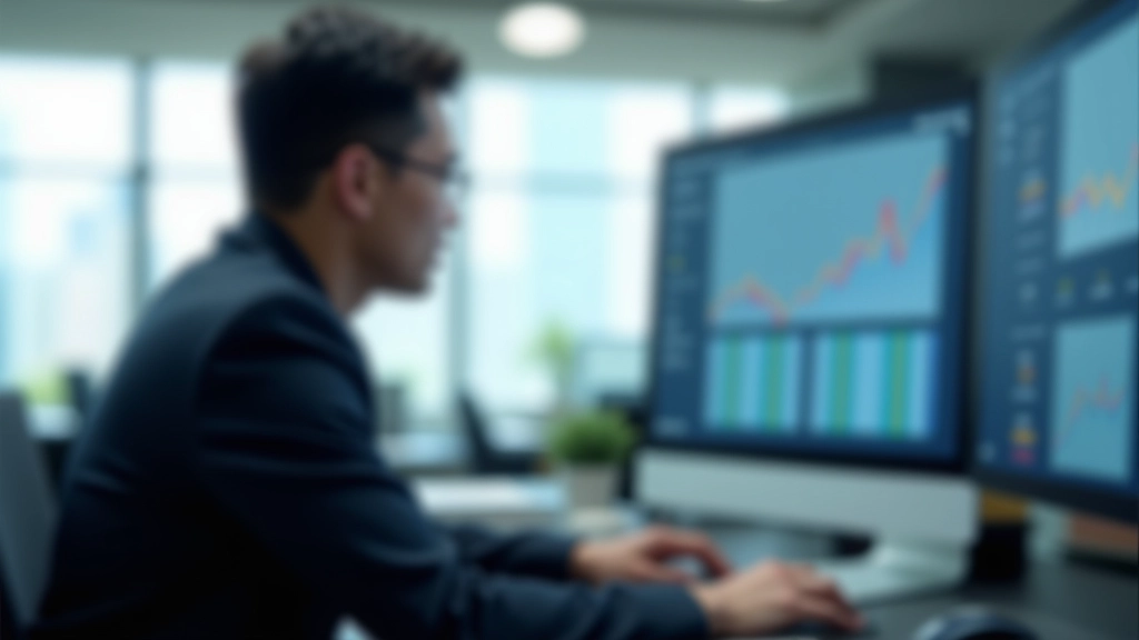 Person pointing at financial data visualization on computer monitor