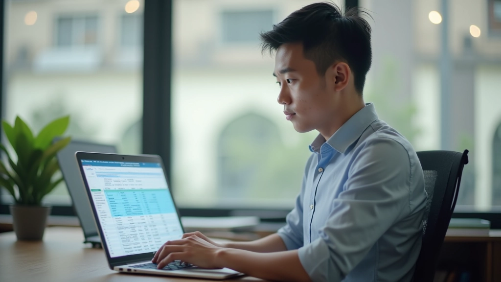 Laptop screen showing spreadsheet with expense categories, calculator, and financial documents organized on desk